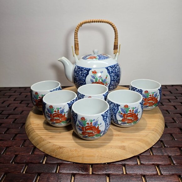 Vintage OMC Imari Bamboo Handle Japanese Porcelain Tea Pot with Lid & 6 Cup Set - Picture 2 of 10